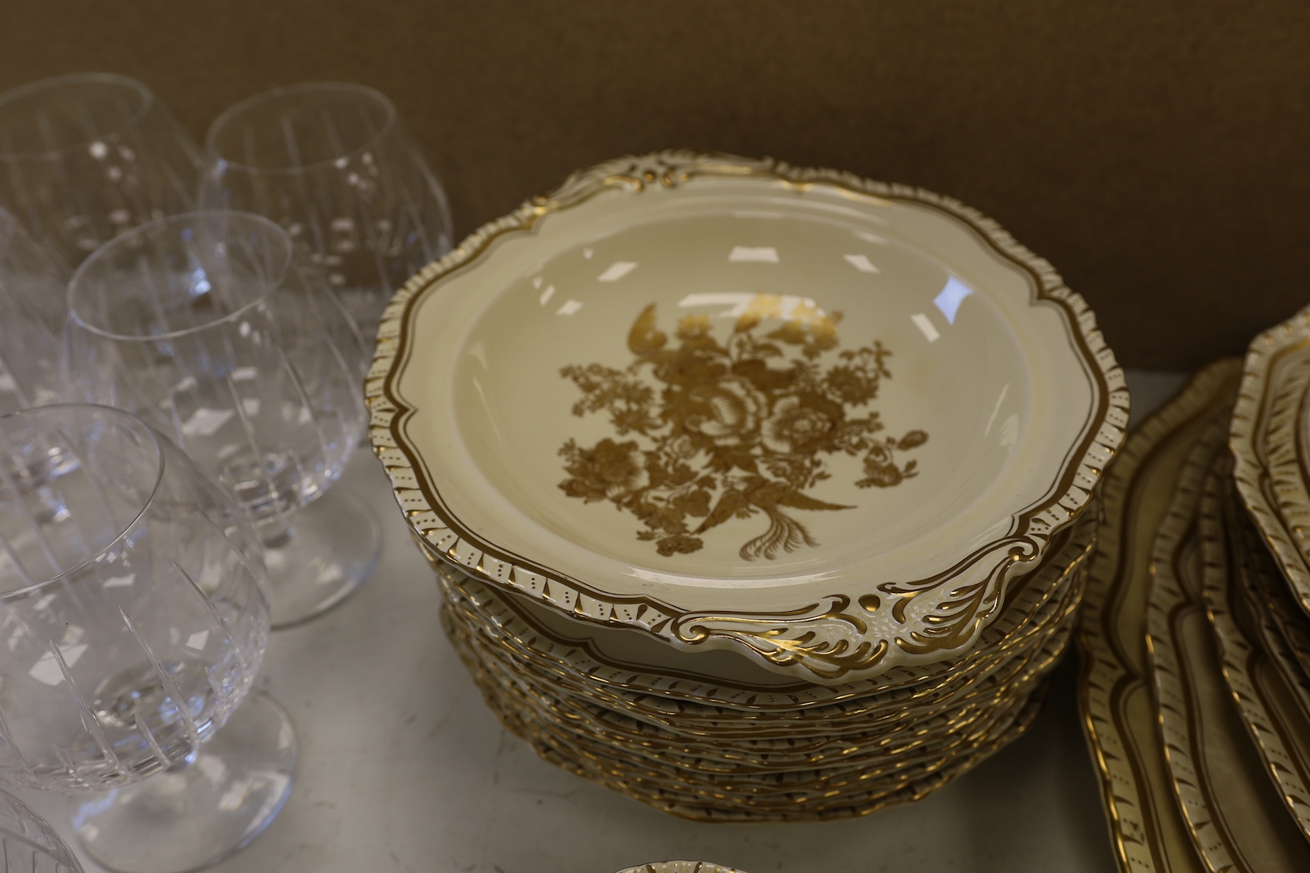 A Masons Patent Ironstone Part Dinner Service to include tureens, soup bowls and plates, largest 46cm wide. Condition - varies